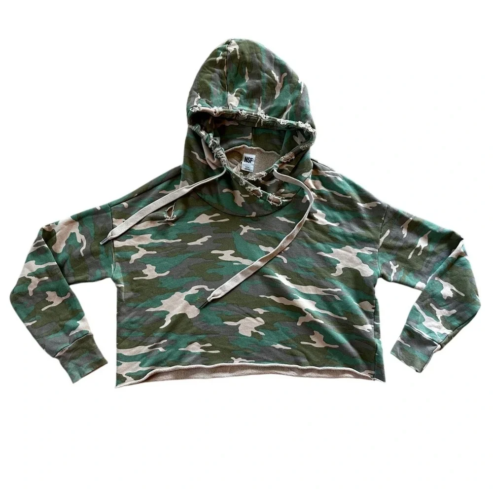 NSF Green Camouflage Distressed Cropped Hoodie Women's Small